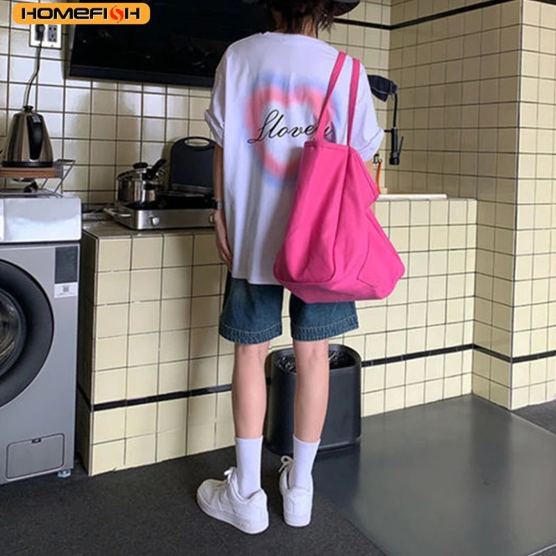 Homefish Canvas Tote Bag Women Simple Reusable Shopping Shoulder Handbag Daily Casual Use