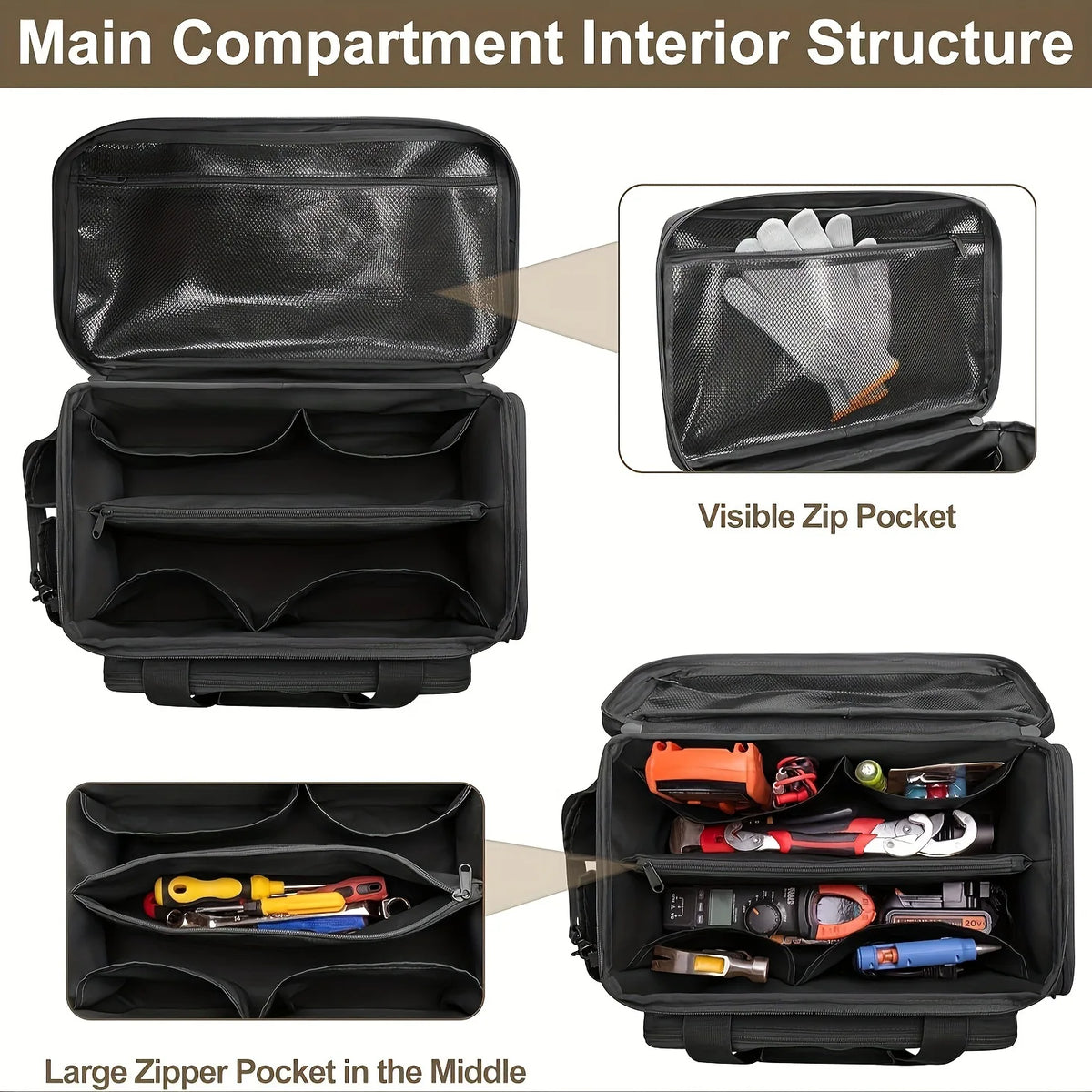 14-Inch Black Wear-Resistant Canvas Tool Bag Multiple Pockets Compartments