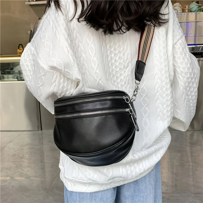 Double Zipper Fanny Pack Daily Commuting Wide Shoulder Strap Leather Bag