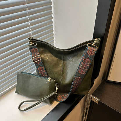 Retro PU Leather Bucket Tote Bag Set with Boho Wide Strap