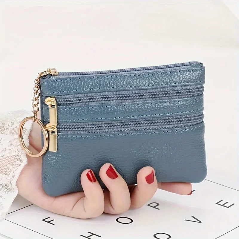 Leather Multi Zipper Pouch Mini Coin Purse Keyring Split Pocket Compact Card Cash Storage Wallet