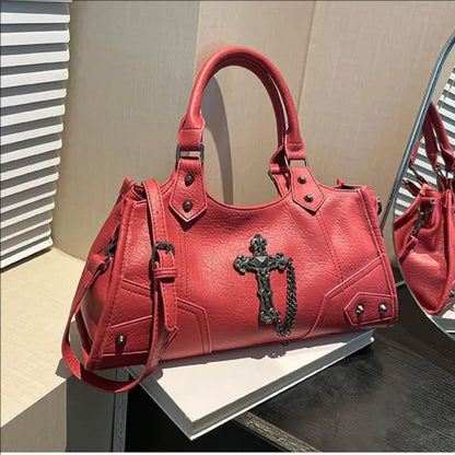 Gothic Shoulder Bag – Vintage Faux Leather Cross Chain Handbag