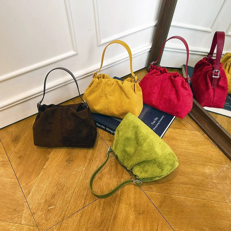 Suede Ruched Mini Bucket Bag with Detachable Strap