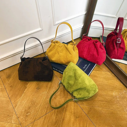 Suede Ruched Mini Bucket Bag with Detachable Strap