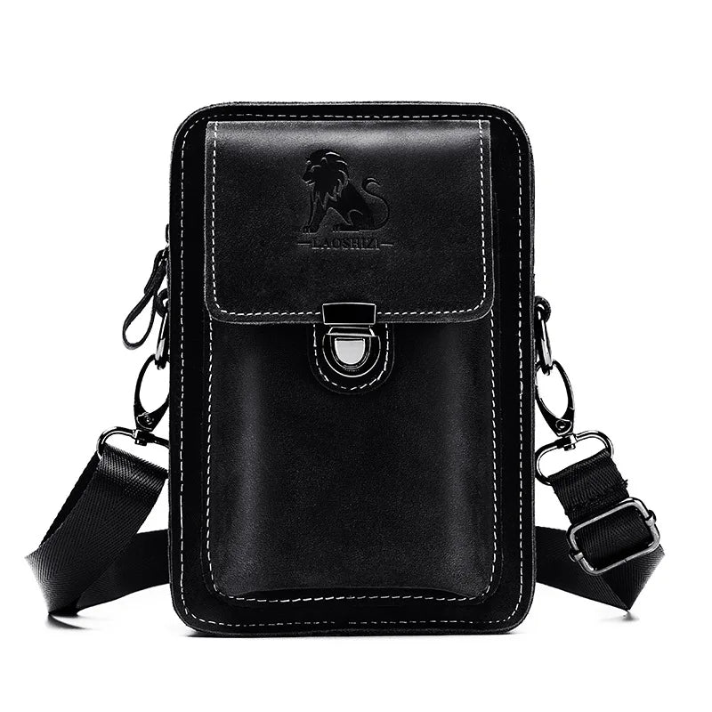 Crazy Horse Leather Men Casual Wear Belt Mobile Phone Pocket Head Layer Cowhide Multi-Function