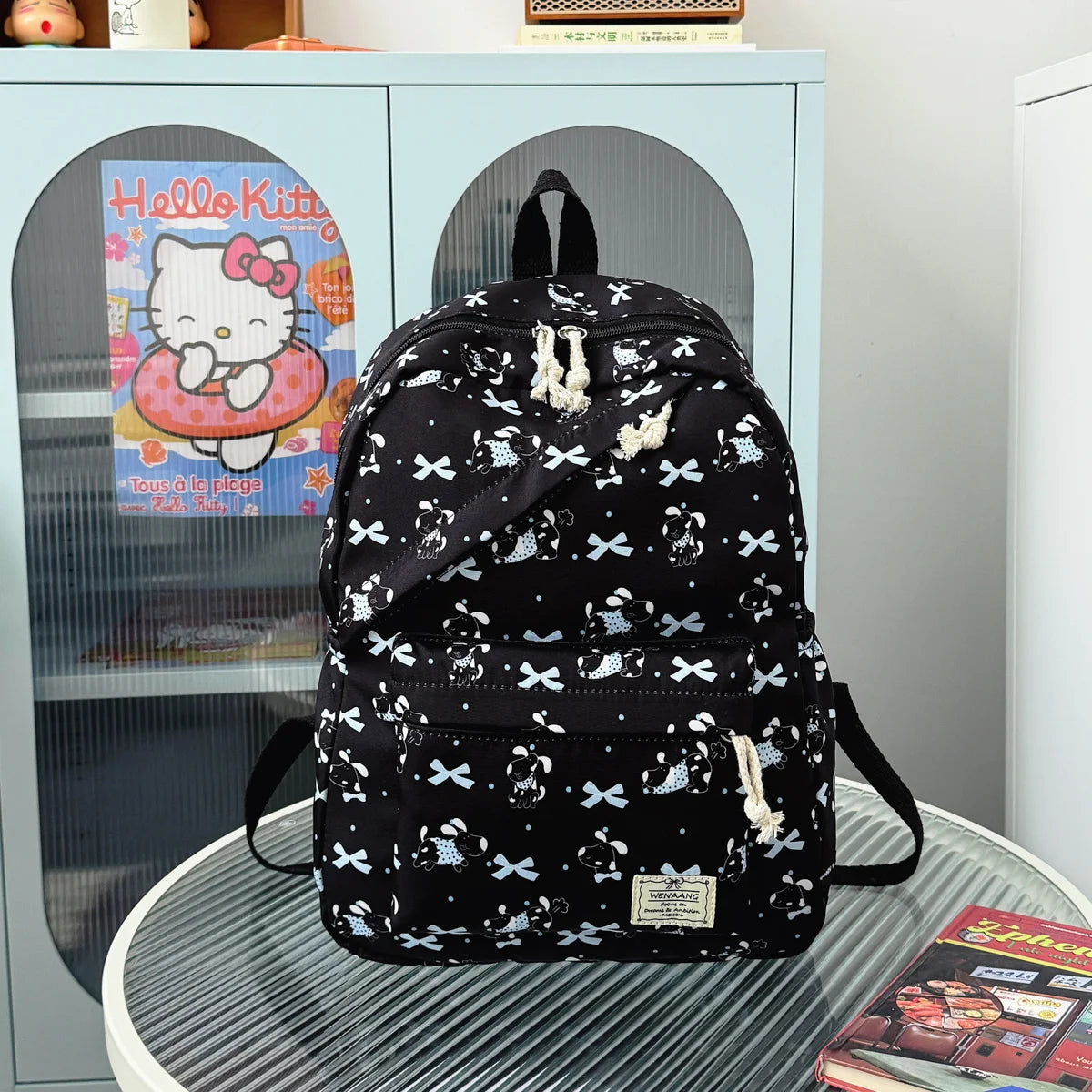 Fresh Age Reducing Cartoon Animal Bow Print Student Backpack Nylon Lightweight Large Capacity Casual