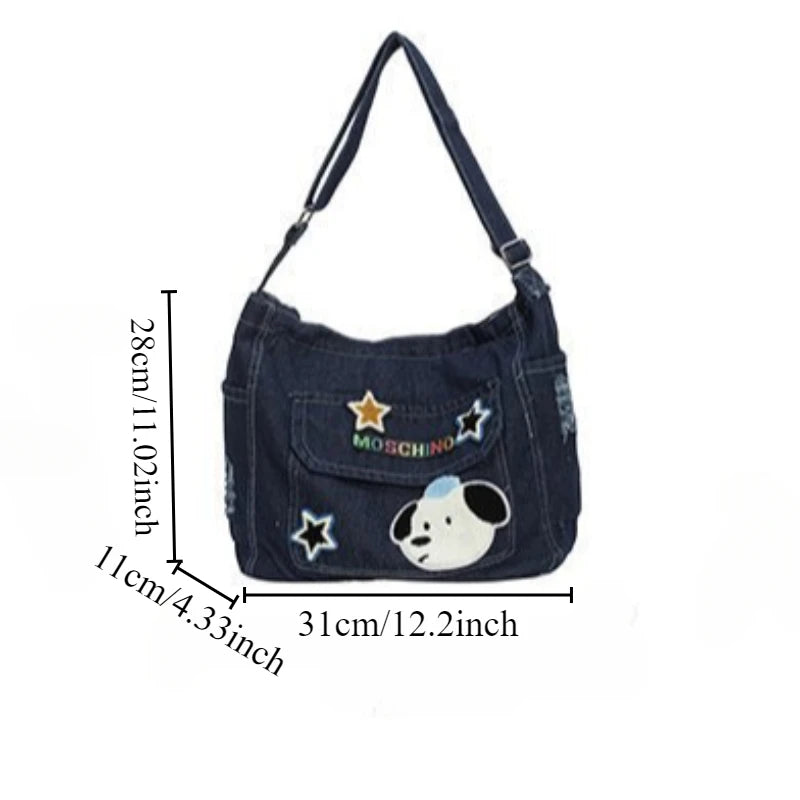 Cartoon Embroidered Denim Tote Bag – Crossbody Shoulder Bag