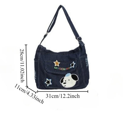 Cartoon Embroidered Denim Tote Bag – Crossbody Shoulder Bag
