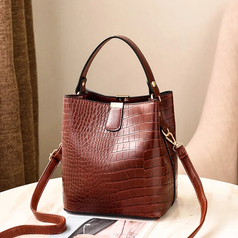 Crocodile Pattern Bucket Bag – Women's PU Leather Handbag & Crossbody Purse