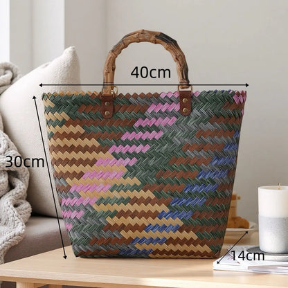 Handwoven Straw Tote Bags Multi Size Natural Woven Basket Bag Handbag Bamboo Handles Women Bohemian