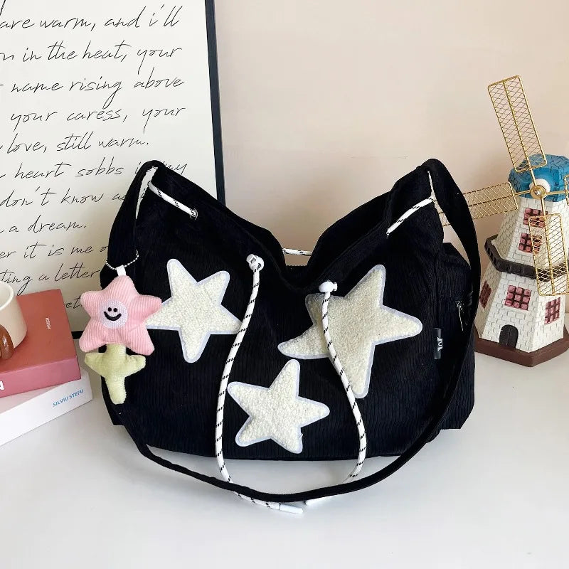 Y2K Corduroy Star Tote Bag with Plush Star Decor