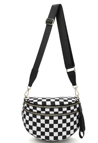 Checkered Saddle Crossbody Bag – Dual Zipper Shoulder & Waist Pack for Women