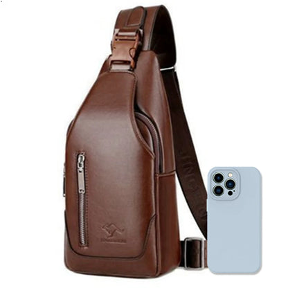 Business Casual Men Chest Bag Usb Port Multi-Pocket Pu Stitched Luster Zipper Shoulder Commute