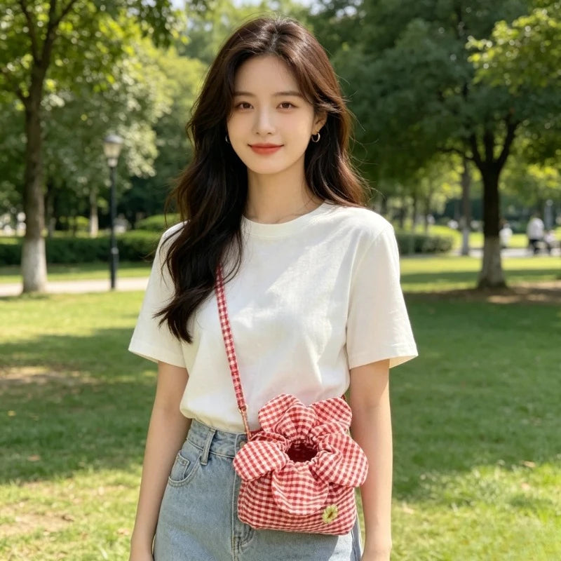 Red White Gingham Floral Crossbody Bag Petal Drawstring - Soft