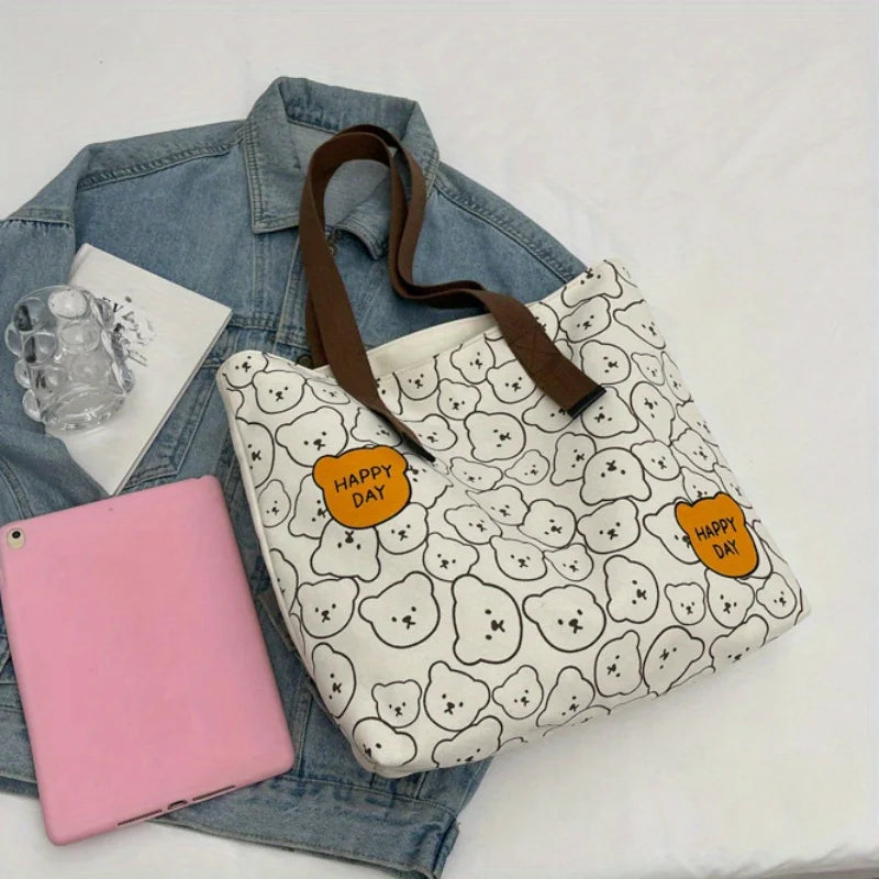 Bear Print Canvas Tote Bag – Cute Cartoon Shoulder Bag for Women