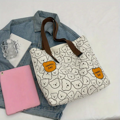 Bear Print Canvas Tote Bag – Cute Cartoon Shoulder Bag for Women