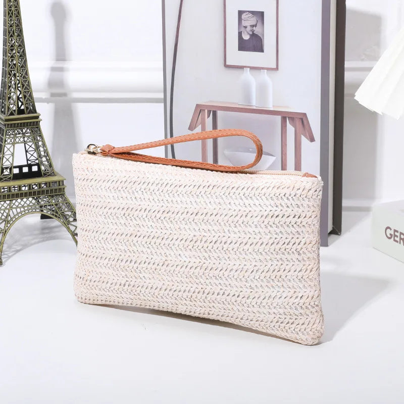 Straw Woven Clutch Bag – Slim Zipper Wristlet Purse for Women