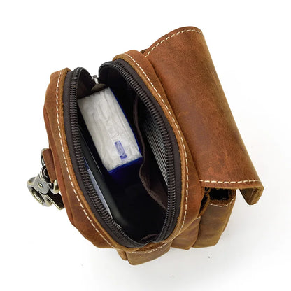 Men S Retro Genuine Leather Waist Bag Crazy Horse Leather Double-Layer Belt Hanging Bag