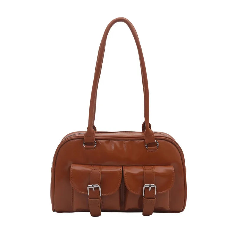 Patent Leather Tote Bag for Women – Retro Buckle Shoulder Handbag