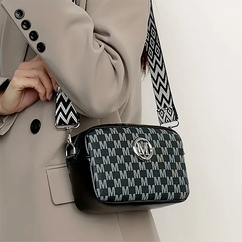 Women's PU Leather Crossbody Bag with M Logo Badge & Wide Strap