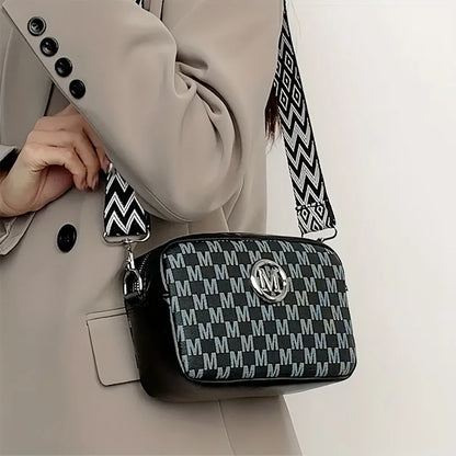 Women's PU Leather Crossbody Bag with M Logo Badge & Wide Strap