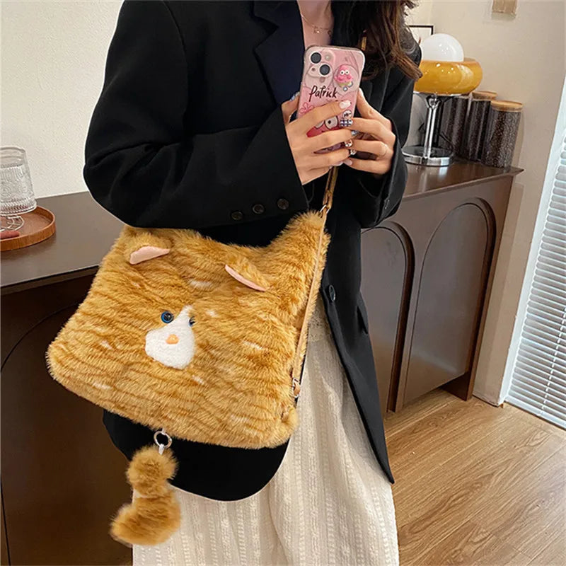 Korean Style Plush Cute Cat Underarm Bag Women Winter Handbag Shoulder
