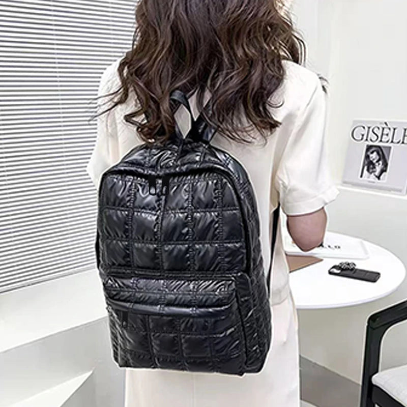Quilted Metallic Backpack – Multi-Compartment Shiny Daypack for Women