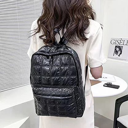 Quilted Metallic Backpack – Multi-Compartment Shiny Daypack for Women