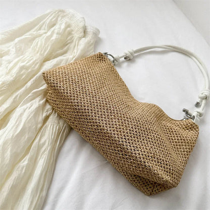 Straw Woven Shoulder Bag with Knotted Leather Handle