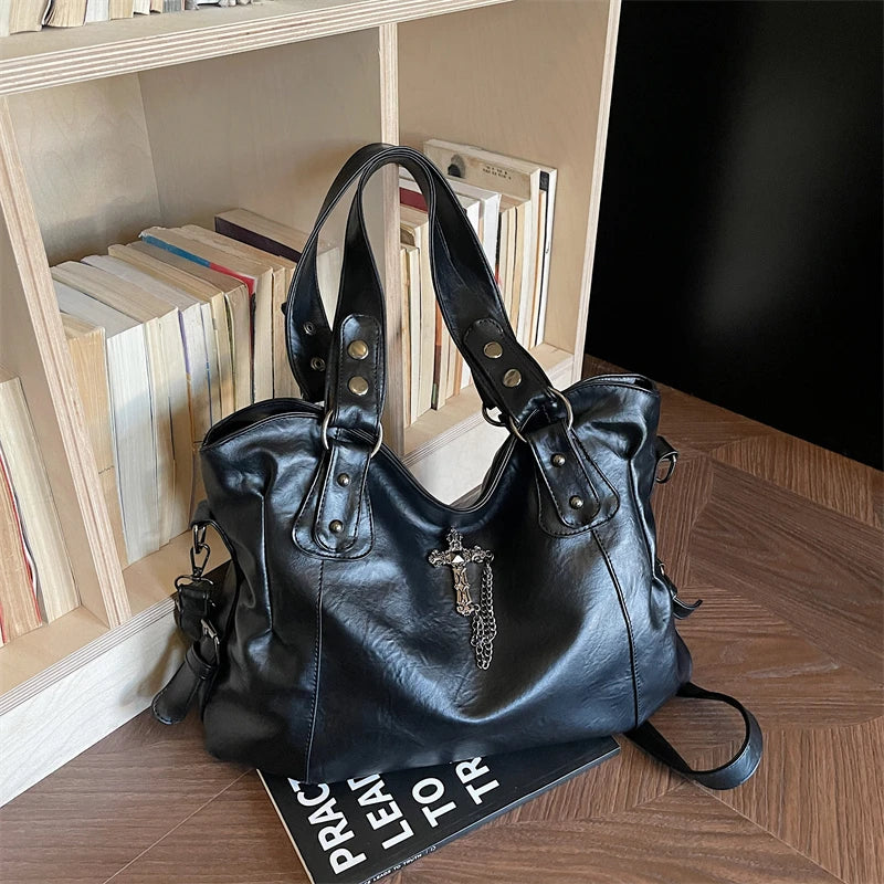 Retro Y2k Women Shoulder Bag Pu Cross Stud Large Capacity Handbag Adjustable Strap Multi Function