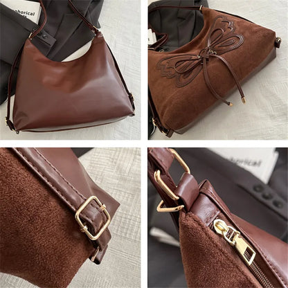 Faux Suede Tote Bag Bow Tie Backpack Chic Retro Single Handbag Women Shoulder Messenger Bag