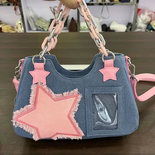 Y2K Denim Star Patch Crossbody Bag with Chain Handle & Photo Window