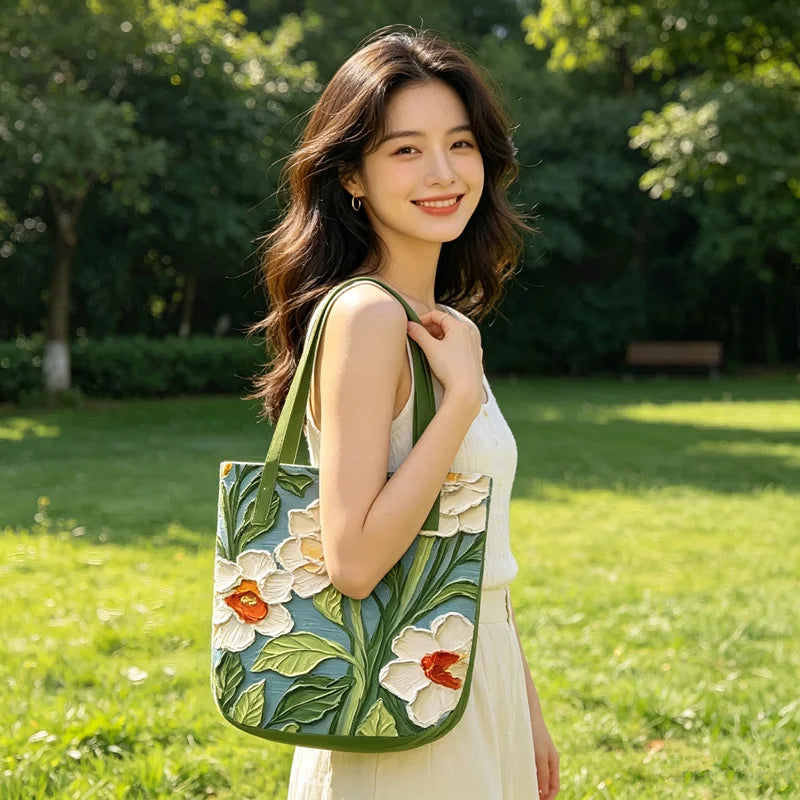 Floral Canvas Bucket Tote Bag – 3D Embossed Print Women's Shoulder Bag