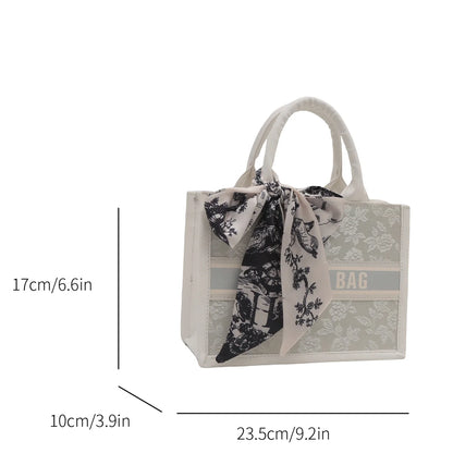 Chic Embroidered Handbag Silk Scarf Bow Women Tote Bag Pu Leather Letter Underarm Commute Shopping