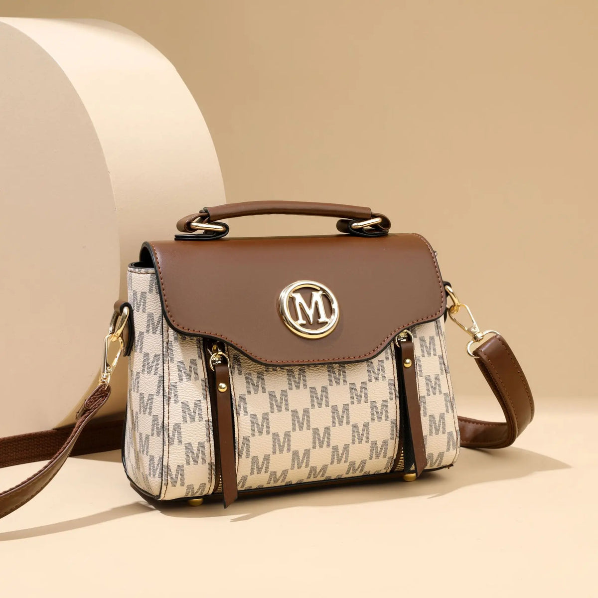 PU Leather Handbag – Vintage Monogram Shoulder Bag with Gold M Logo