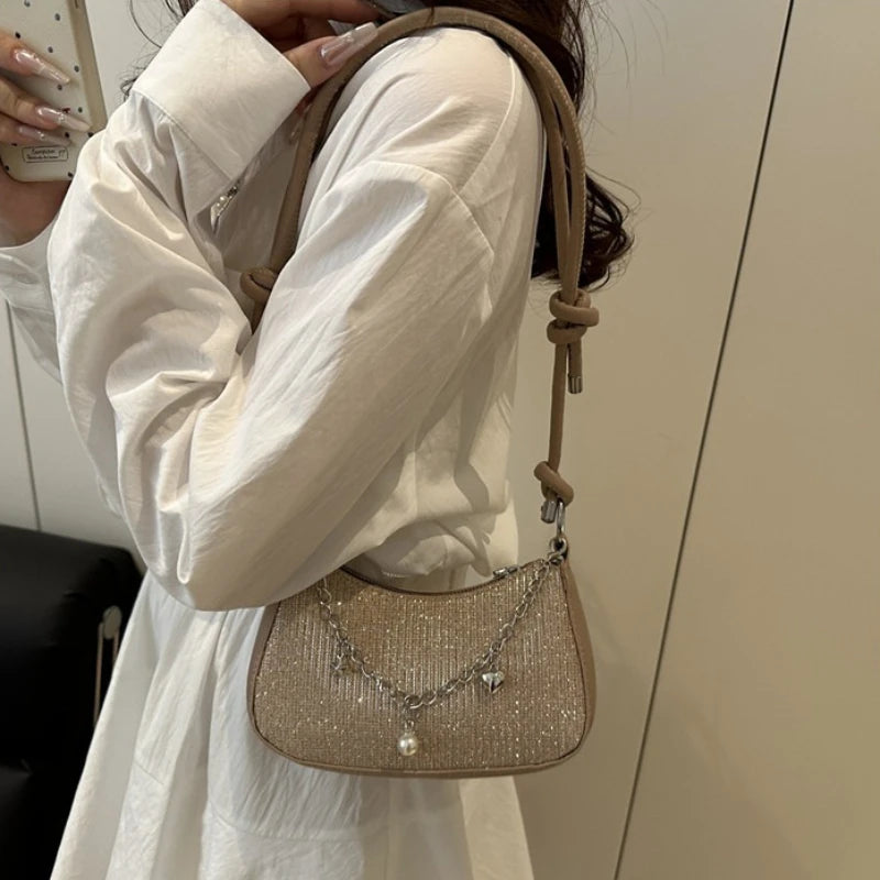 Glitter Half Moon Shoulder Bag with Pearl Chain Strap