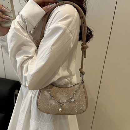 Glitter Half Moon Shoulder Bag with Pearl Chain Strap