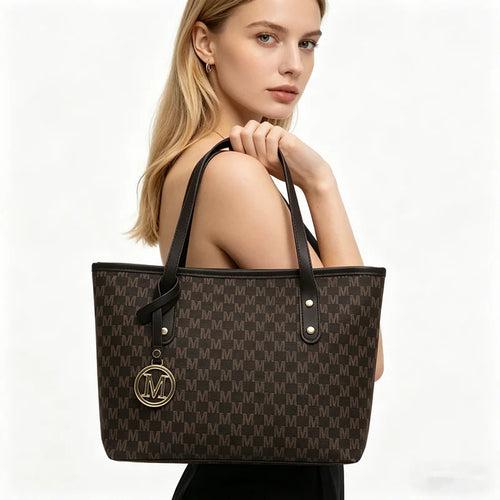 Chic Monogram Pu Tote Bag Gold M Pendant Spacious Stylish Handbag Shoulder Bags Women Everyday Use