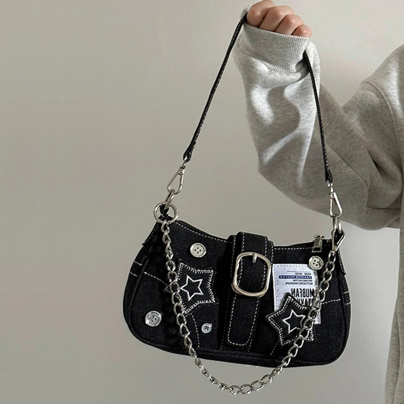 Y2K Star Denim Shoulder Bag – Vintage Canvas Underarm Purse