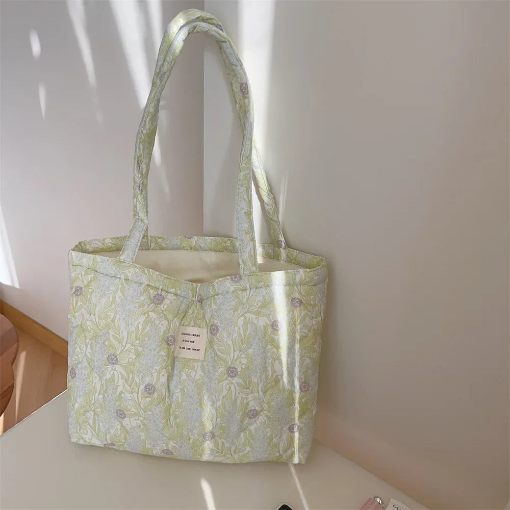 Cotton Floral Tote Bag Women Handbag Trendy Chic Puffy Top Handle Quilted Padded Shoulder Designer