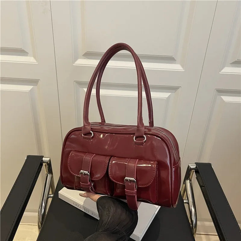 Patent Leather Tote Bag for Women – Retro Buckle Shoulder Handbag