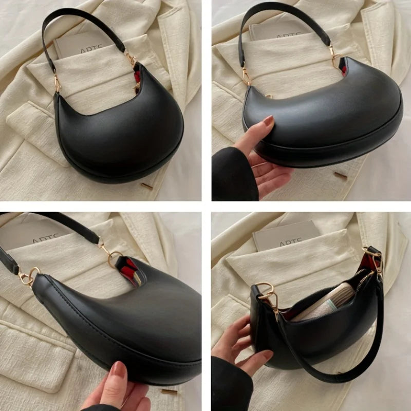 Minimalist Brown Crescent Underarm Bag Soft Leather Shoulder Purse Detachable Strapfor Woman Daily
