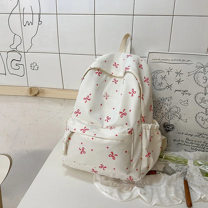 Women S Backpack - Bow Dot Print Nylon School Bag Adjustable Straps Multiple Compartments College