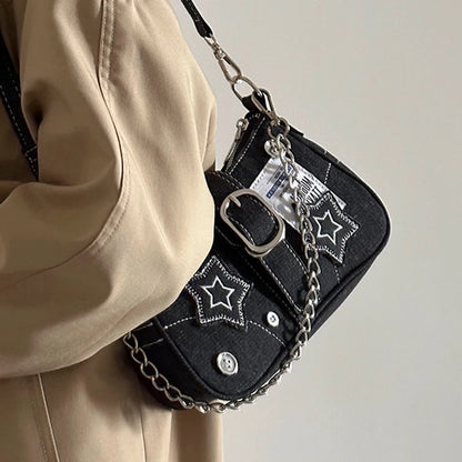 Y2K Star Denim Shoulder Bag – Vintage Canvas Underarm Purse