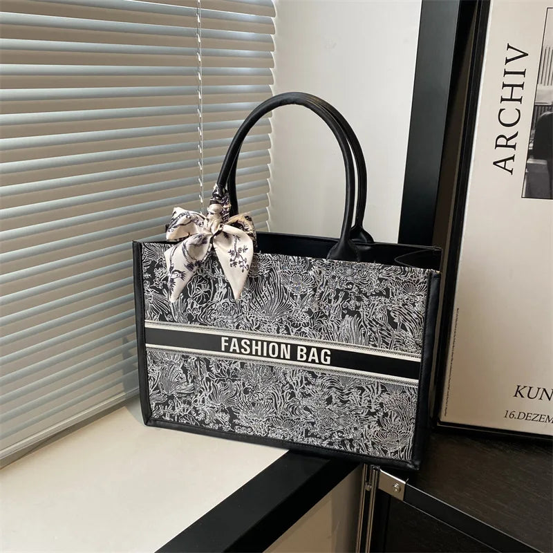 Stylish Jacquard Tote Bag Large Capacity Top Handle Bags Purse Silk Scarf Accent Women S Everyday