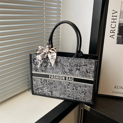Stylish Jacquard Tote Bag Large Capacity Top Handle Bags Purse Silk Scarf Accent Women S Everyday