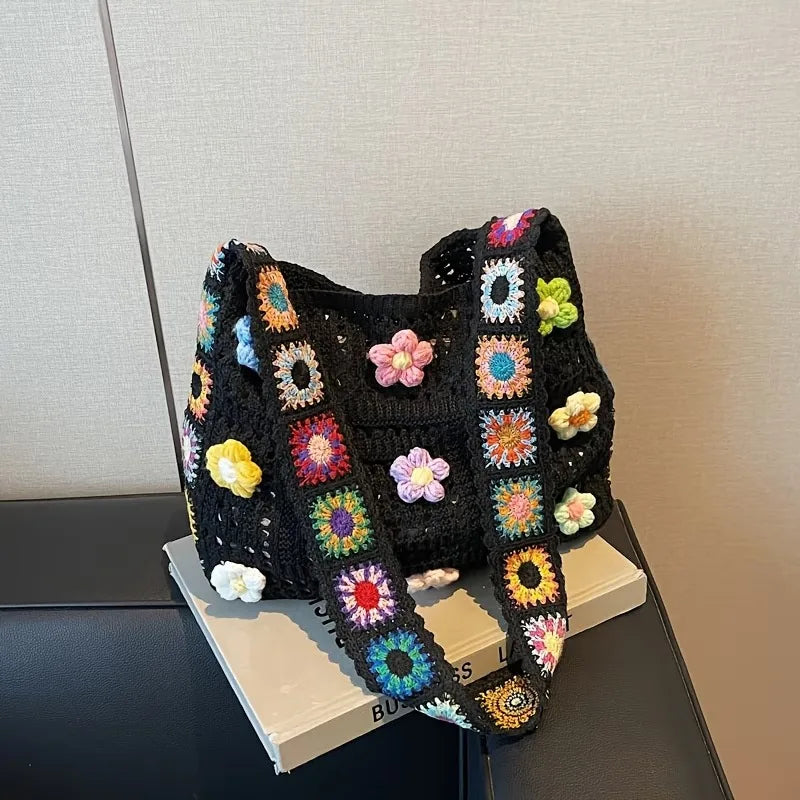 Boho Crochet Flower Tote Bag – Hollow Knit Shoulder Bag
