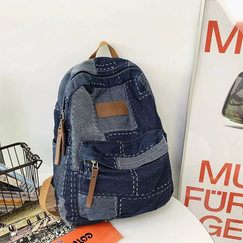 Lazy Cowboy Schoolbag Student Shoulder Wash Retro Stitching Large Capacity Backpack