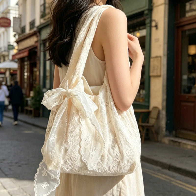 Lace Flower Tote Bag for Women – Soft Bow Accent Shoulder Purse
