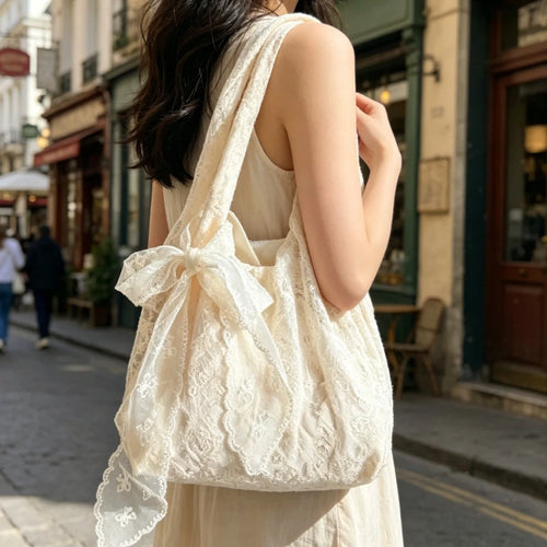 Lace Flower Tote Bag for Women – Soft Bow Accent Shoulder Purse